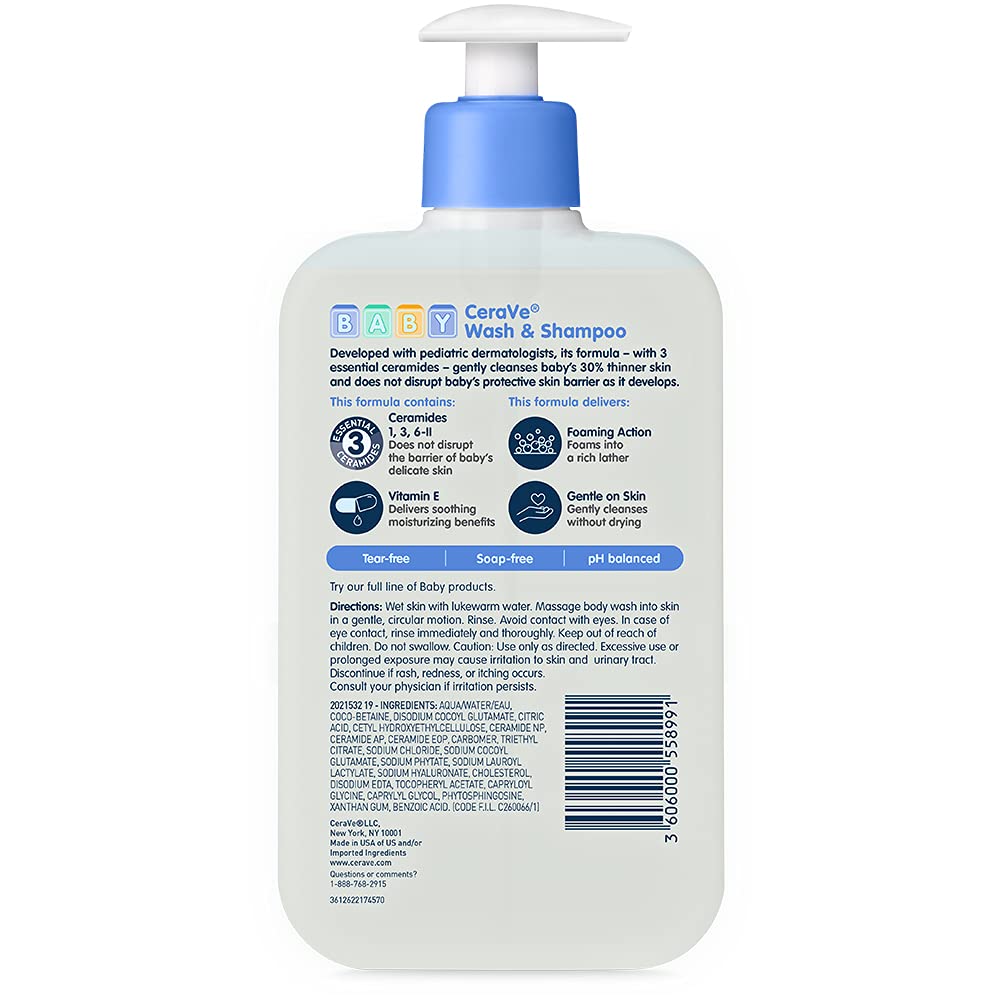 CeraVe Baby Wash & Shampoo, 2-in-1 Tear-Free for Skin Hair Fragrance, Paraben, Dye, Phthalates Sulfate Free Bath, Soap with Vitamin E 16 Ounce
