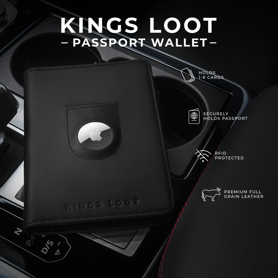 Kings Loot Passport Holder Wallet – RFID Blocking Leather Travel Wallet with Built-in Airtag Holder – Holds 1-6 Cards & Passport – Easy Pull Tab – Slim & Stylish Wallets (Midnight Black)
