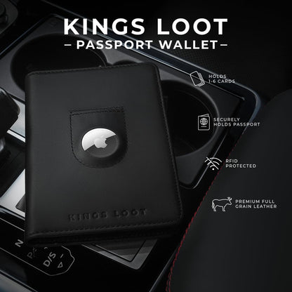 Kings Loot Passport Holder Wallet – RFID Blocking Leather Travel Wallet with Built-in Airtag Holder – Holds 1-6 Cards & Passport – Easy Pull Tab – Slim & Stylish Wallets (Midnight Black)