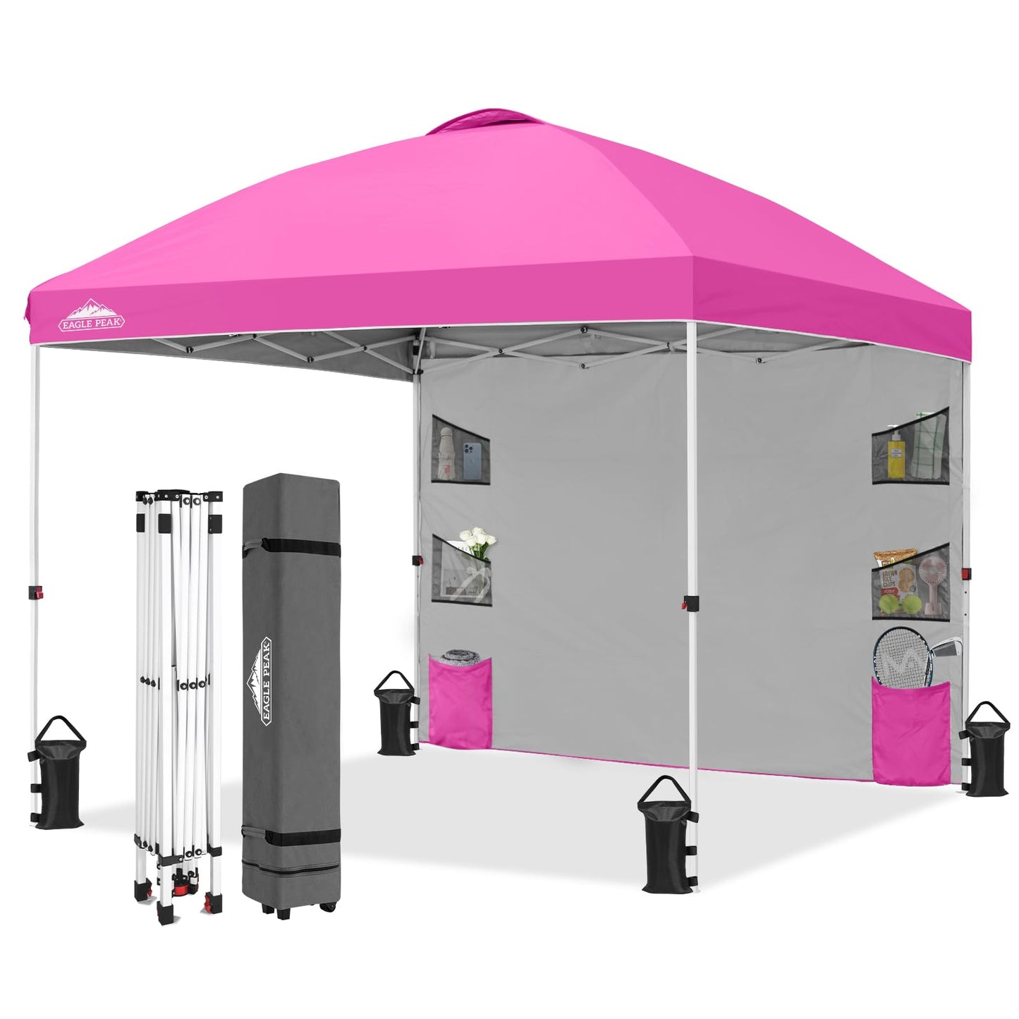 EAGLE PEAK Commercial Canopy 10x10 with Sidewall Storage, Easy OnePerson Setup Pop Up Canopy Tent with Roller Bag, Stakes, Ropes, and Weight Bags, Pink