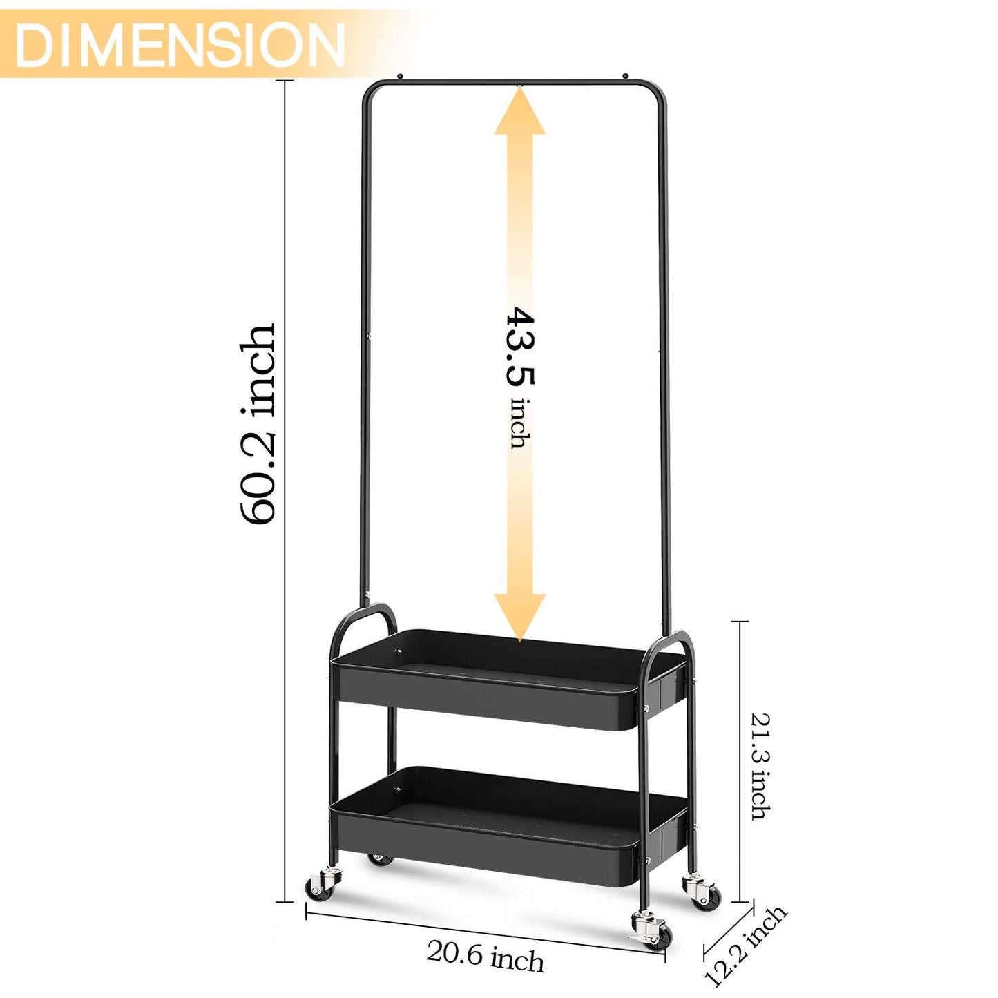 KINGRACK 2-in 1 Garment Rack, Clothing Rack with 2 Tier Metal Basket, Rolling Storage Cart Clothes Organizer Coat Rack Storage Stand on Wheels, for Home Bedroom Laundry Small Place Entryway, Black