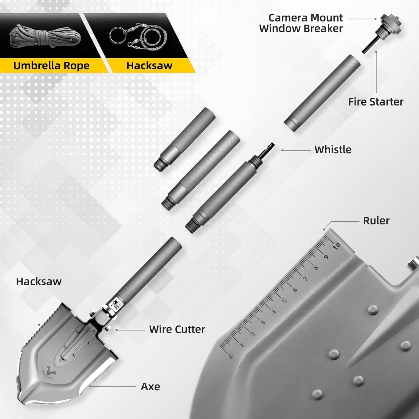 Zune Lotoo Tactical Shovel Survival Kit, 18 in 1 Compact Camping Shovel Folding Multitool High-Carbon Steel for Lightweight Hiking Survivalist Emergency with Bag