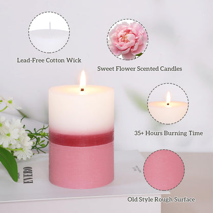 Cafemoon Floral Scented Pillar Candles Set of 3, 3x4 Inch Rustic Rough Texture Handmade Aromatherapy Candles, 35+ Hours Long Lasting Smokeless & Dripless for Home Decor Wedding Birthday Gift