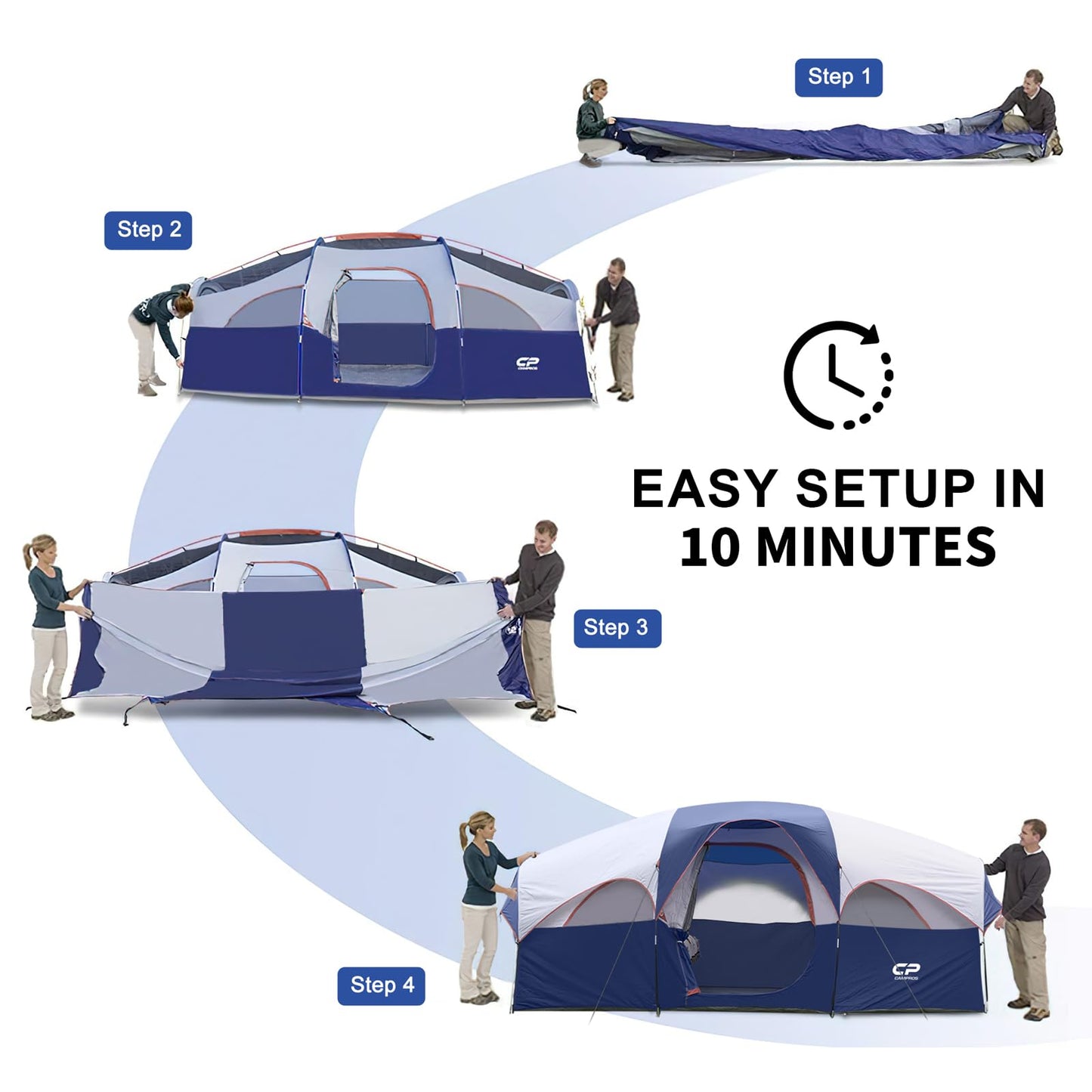 CAMPROS CP Tent 8 Person Camping Tents, Weather Resistant Family Tent, 5 Large Mesh Windows, Double Layer, Divided Curtain for Separated Room, Portable with Carry Bag - Blue