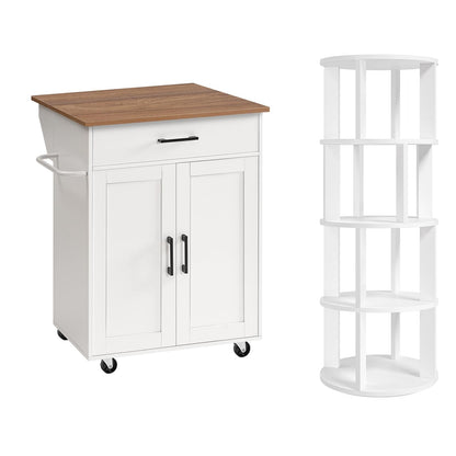 MAHANCRIS Folding Countertop Kitchen Island Cart and 4-Tier Rotating Bookshelf Bundle, Kitchen Island Table with Towel Rack, Spinning Bookshelf Tower, for Living Room, Study, KIBZ12501-BKWT6401