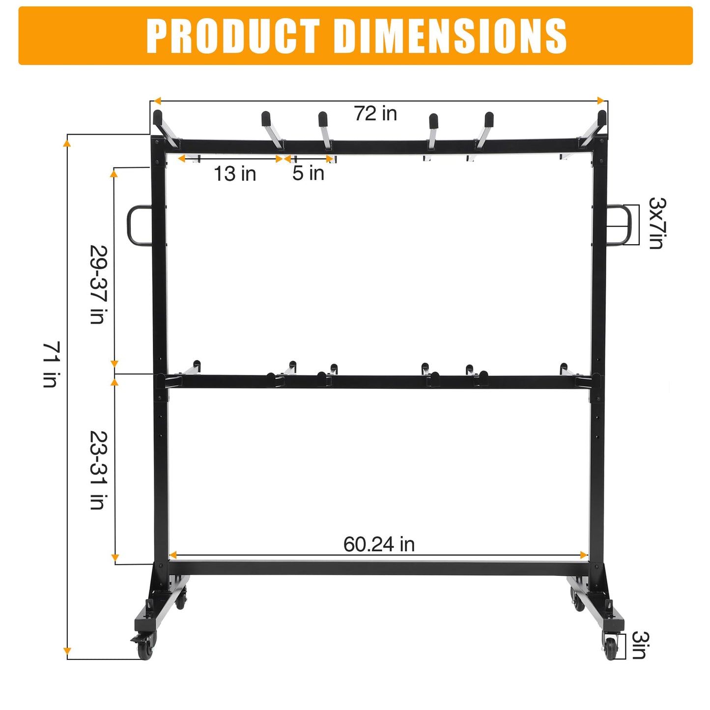 Folding Chair Cart Storage Rack on Wheels, Two-Tier 800Lbs Capacity Heavy Duty Adjustable Rolling Rack for 84 Chairs or 24 Tables, with Locking Wheels,Rain Cover,Elastic Cords Wheels, Straps, Black