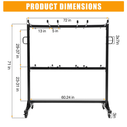 Folding Chair Cart Storage Rack on Wheels, Two-Tier 800Lbs Capacity Heavy Duty Adjustable Rolling Rack for 84 Chairs or 24 Tables, with Locking Wheels,Rain Cover,Elastic Cords Wheels, Straps, Black