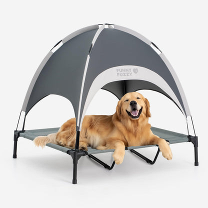 FUNNY FUZZY Elevated Dog Bed with Canopy,Grey, X-Large(48"x36"x9")–Outdoor Pet Cot with UV Protection, Breathable Mesh for Cooling, Indoor & Outdoor Use for Dogs up to 120 lbs