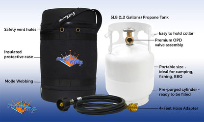 Flame King Gas Hauler Kit - Insulated Protective Carry Case, 5LB Propane Tank and Adapter Hose for Camping and Outdoor Adventures, Black/White