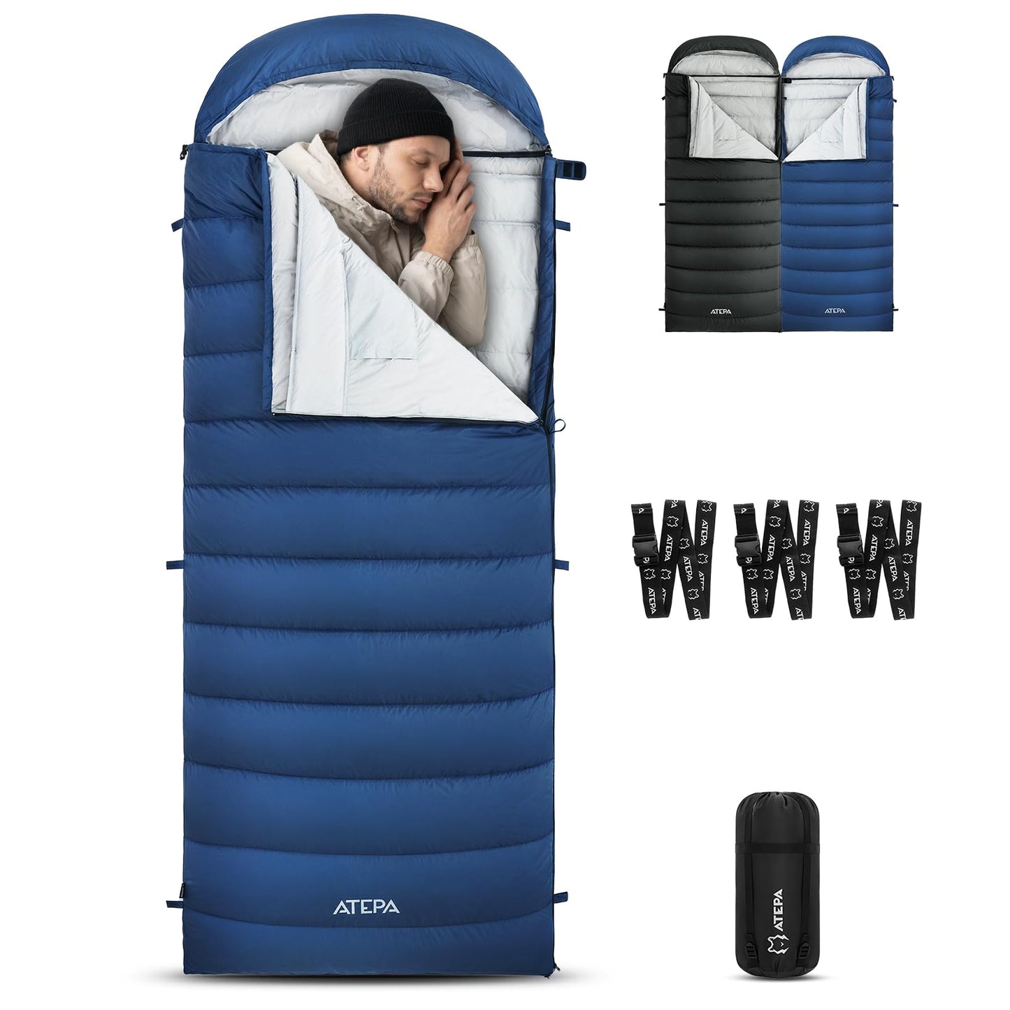 ATEPA 3-in-1 Hybrid Down Sleeping Bag, 650FP Ultralight Backpacking Sleeping Bag for Big and Tall, XL Wide 3-Season Sleeping Bag with Pad Attachment Straps & Detachable Hood for Hiking, 30°F Limit
