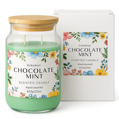 Large 22oz Soy Candle – Long Lasting 80+ Hour Burn, Hand Poured Clean Burning Scented Candle with Cotton Wick, Reusable Glass Jar – Chocolate Mint | DUBABOO