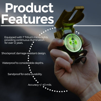 Cammenga US Military Tritium Lensatic Compass Coyote Brown - Hand Held Military Compass with Clam Shell Storage Case and Waterproof Pouch