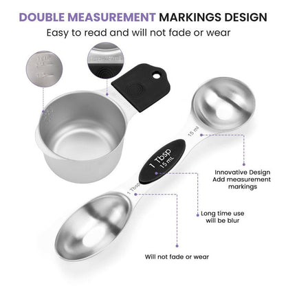Magnetic Measuring Cups and Spoons Set-Heavy Duty 304 Stainless Steel，Double Measurement Markings，Set of 16 with Leveler for Measure Dry and Liquid Ingredients (Black)