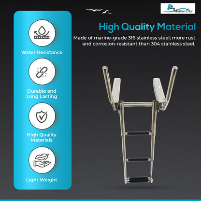 MARINE CITY 3-Step Under Platform Telescoping Boat Ladder with Retractable Handrail – 316 Stainless Steel, Rust-Resistant, 400 lbs Capacity, Space-Saving Design for Boat & Yacht