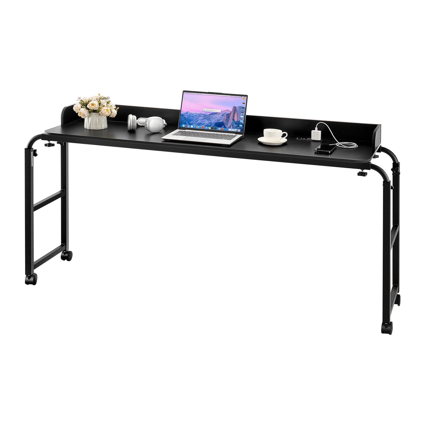 VEVOR Overbed Table, Mobile Bed Side Table with 4 Wheels (2 with Brakes) and Power Socket, Height Adjustable Rolling Laptop Desk, Portable Particleboard Over Bed Desk for Home, Office, Study, Black