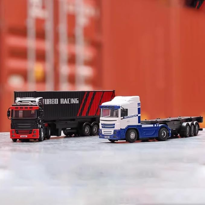 Turbo Racing 1/76 RC Semi Truck 2.4GHz 3CH Electric 4WD Mini Remote Control Tractor Model Desktop Scale Vehicle for Hobbyists (RTR/Blue &amp White)