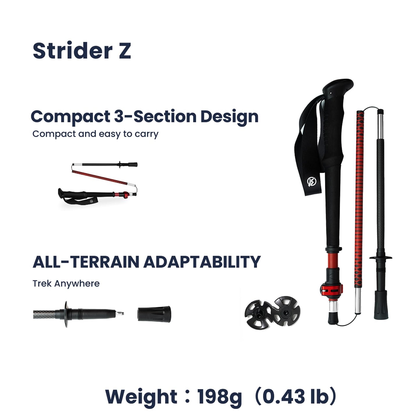 WindQuester Ultralight Carbon Fiber Trekking Poles – 198g Adjustable Folding Hiking Poles for Backpacking (110–130cm), Thru-Hiking, Trail Running – Strider Z Compact Collapsible Hiking Pole