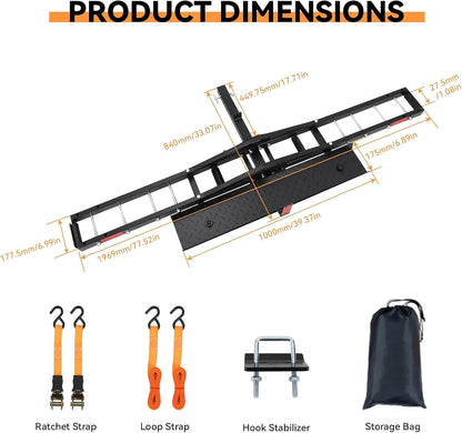 Garvee Motorcycle Trailer Carrier with Loading Ramp, 600 LBS Weight Capacity, Heavy-Duty Iron & Aluminum Construction, Includes 4 Straps, Black Motorcycle Transport Hitch Platform, Black