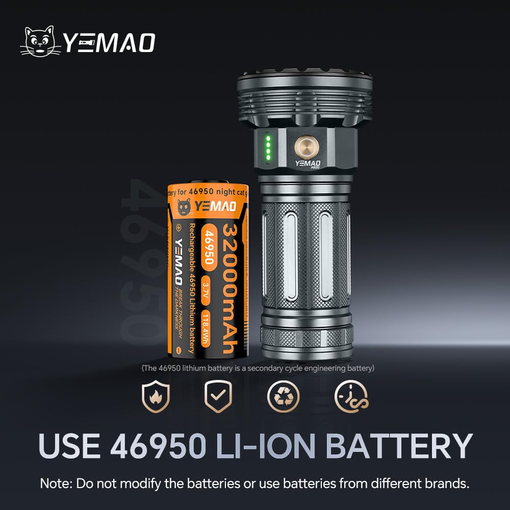Yemao Rechargeable Flashlights 20000 High Lumens, Brightest Flashlight, Super Bright LED Flashlight Type C Charged, 5 Modes Long Lasting 60 Hours, for Emergencies, Camping, Outdoor, Caving