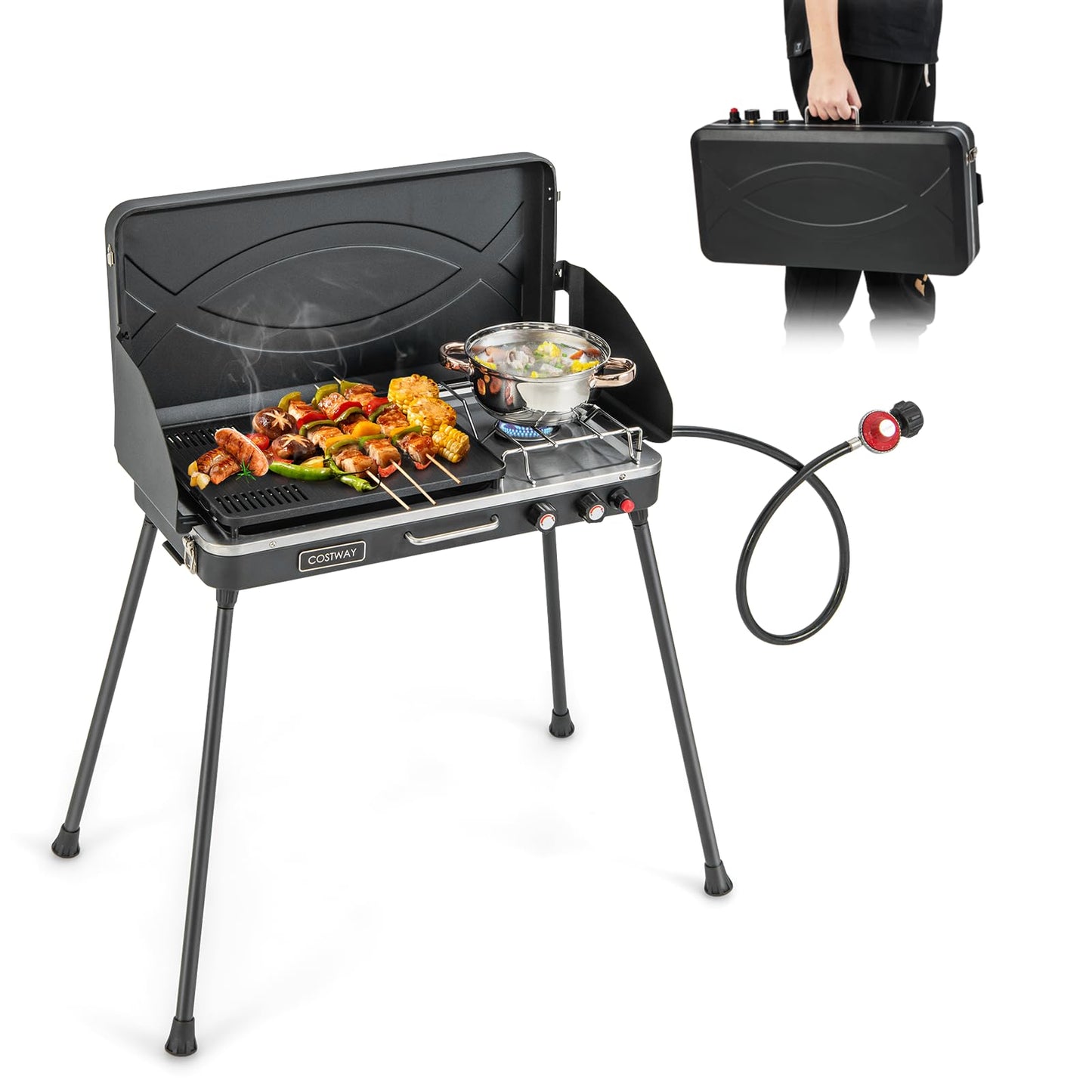 Moccha 2-Burner Propane Camping Stove - Portable Camp Grill w/Dual Control Knobs, Detachable Legs, 3-Sided Wind Screen, 20,000 Total BTUs, Outdoor Grill Stove for Tailgating BBQ Picnic (Black)