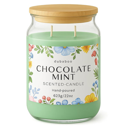 Large 22oz Soy Candle – Long Lasting 80+ Hour Burn, Hand Poured Clean Burning Scented Candle with Cotton Wick, Reusable Glass Jar – Chocolate Mint | DUBABOO
