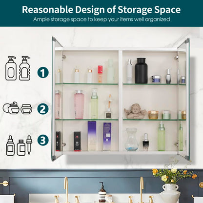 Movo Double Doors Medicine Cabinet with Mirror, 30 inch X 26 inch Aluminum Bathroom Medicine Cabinet, Adjustable Glass Shelves, Waterproof and Rust-Resist, Recess or Surface Mount
