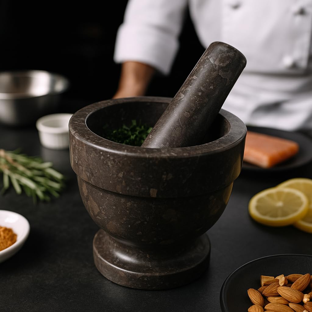 Natural Charcoal Marble Mortar & Pestle – Handcrafted Stone Grinder for Spices, Herbs & Kitchen Essentials (5.9” Diameter)
