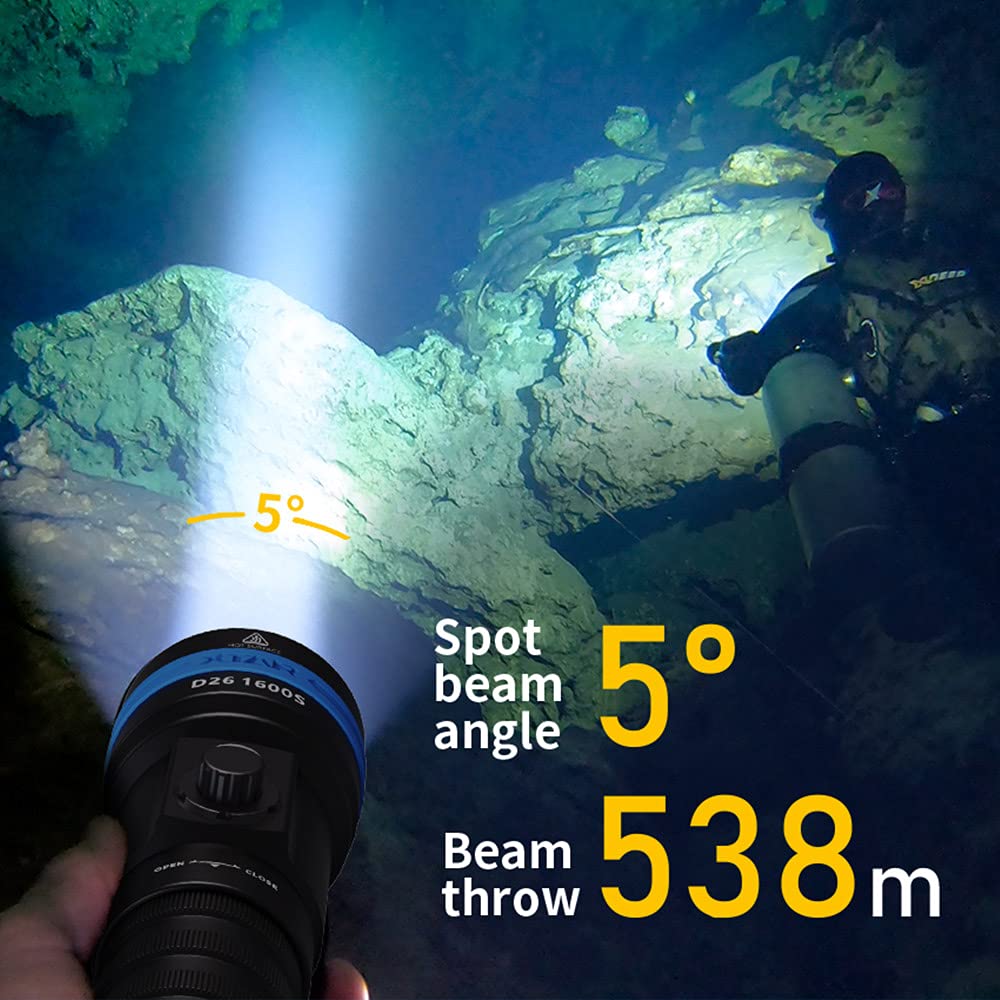 XTAR D26 1600 Lumen Scuba Diving Flashlight Dive Torch Underwater 100 Meters Submarine Lights for Under Water Deep Sea Cave at Night (Full Set)