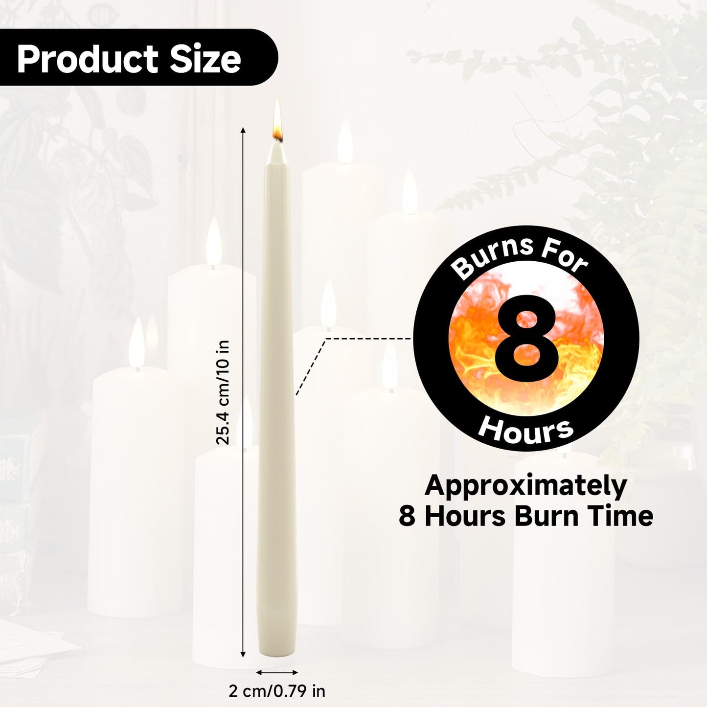 20 PCS Taper Candles: Ivory White Dripless Unscented Smokeless 10 Inch Tall Paraffin Wax Sticks with Cotton Wicks, 7-8 Hours Burning Time for Wedding Christmas Table Decor & Candlestick Holders