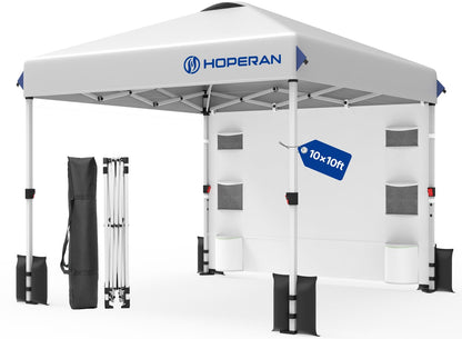 10x10 FT Pop Up Canopy Outdoor Tent with 1 Sidewall and 6 Pockets, 1-Button Push Easy Set Up, 3-Height Adjustable Beach Shade, Heavy Duty Sun Shelter for Vendor Events Camping Party Outdoor Activities