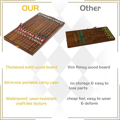 Horse Race Board Game Solid Wood Foldable Racing Board with 11 Metal Horses 2 Dice and 2 Boxes of Cards Portable Travel Game for Family Parties and Holiday Gatherings