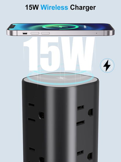Power Strip with Wireless Charger, Flat Plug Surge Protector with 6FT Extension Cord, 12 AC Multiple Outlets, 4 USB (2 USB C), 15W Wireless Charging Power Tower for Home Office Dorm, Black
