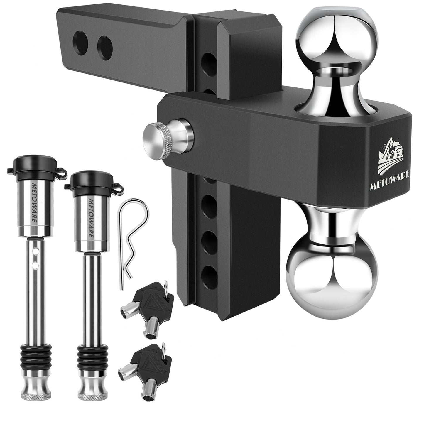 METOWARE Adjustable Trailer Hitch - Aluminum Drop Hitch Fits 2-Inch Receiver - Heavy Duty Trailer Hitch with 6-Inch Drop/Rise for Truck (12,500 LBS GTW), Double Stainless Steel Hitch Lock(Black)