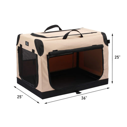 X-ZONE PET 3-Door Portable Soft-Sided Folding Soft Dog Travel Crate Collapsible Pet Kennel,X-Large, 36 x 25 x 25 Inches,Tan