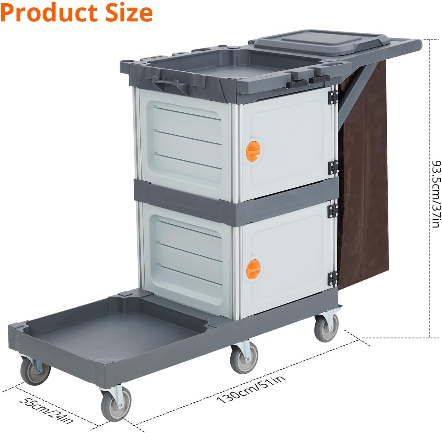Commercial Janitorial Cart with 2 Cabinet, Cleaning Cart On Wheels, Housekeeping Caddy with Cover, Shelves, and Vinyl Bag, Hotel Housekeeping Room Hand Push Utility Service Cart