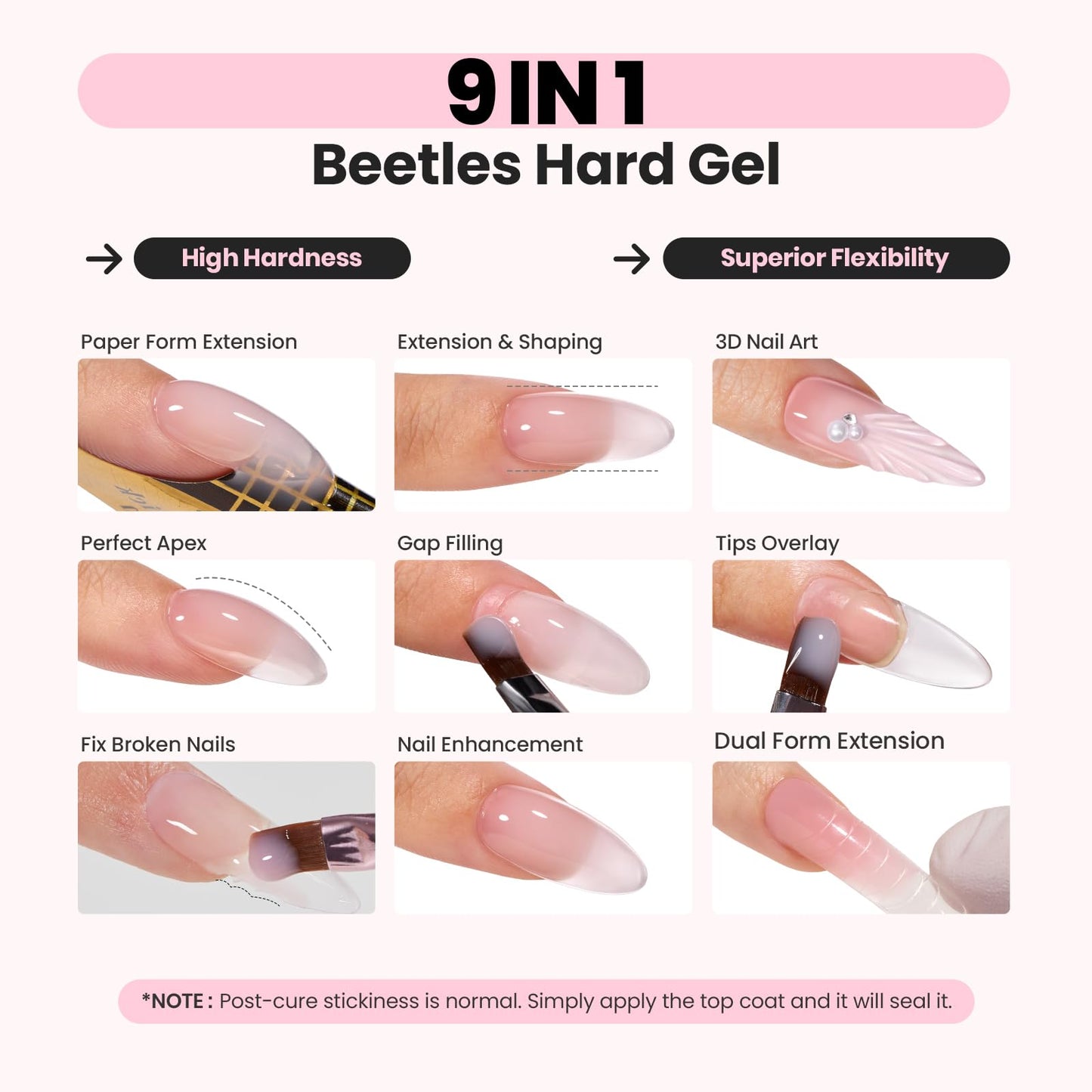 Beetles Hema Free Hard Gel for Nails,2.12 oz 9 in 1 Hard Gel for Nail Extension & Strengthening Broken Nail Repair with Flat Brush 100 Pcs Nail Forms UV LED Lamp Cured Salon Nail Technicians Women