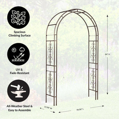 Plow & Hearth Arch Metal Outdoor Garden Arbor Montebello Gunmetal 7 Feet Tall, Steel Iron Trellis Lattice for Climbing Plants & Heavy Vines Wedding Arch Outdoor Patio Décor