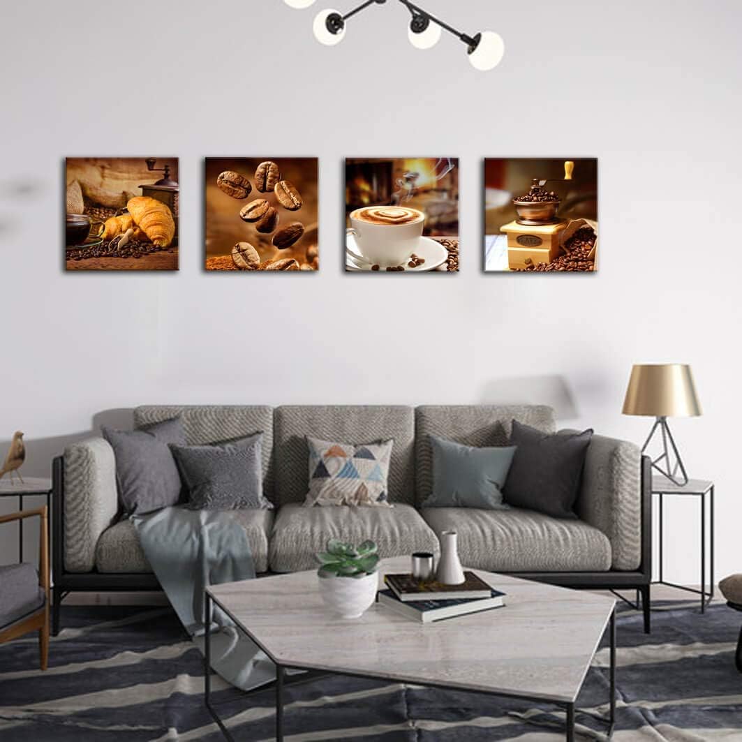 Coffee Theme Canvas Wall Art, Kitchen Decor Pictures, 4 Panel Set, Brown，Canvas wall art prints - charming images of coffee cups, croissants, coffee beans and grinders