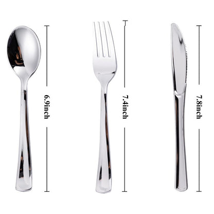 N9R 120PCS Silver Plastic Silverware, Silver Plastic Cutlery Set Disposable Flatware Dinnerware -60 Forks, 30 Spoons, 30 Knives for Wedding, Party, Birthday and Daily Use
