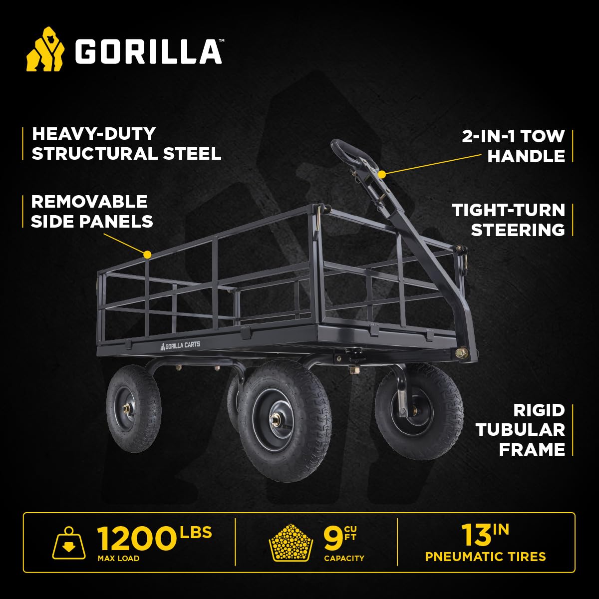 Gorilla Carts Steel Utility Cart, 9 Cu Ft Bed, 1200 lb Load Capacity, Black – Towable Heavy-Duty Outdoor Hauling Wagon with Removable Side Panels for Yard, Lawn, Garden or Landscaping
