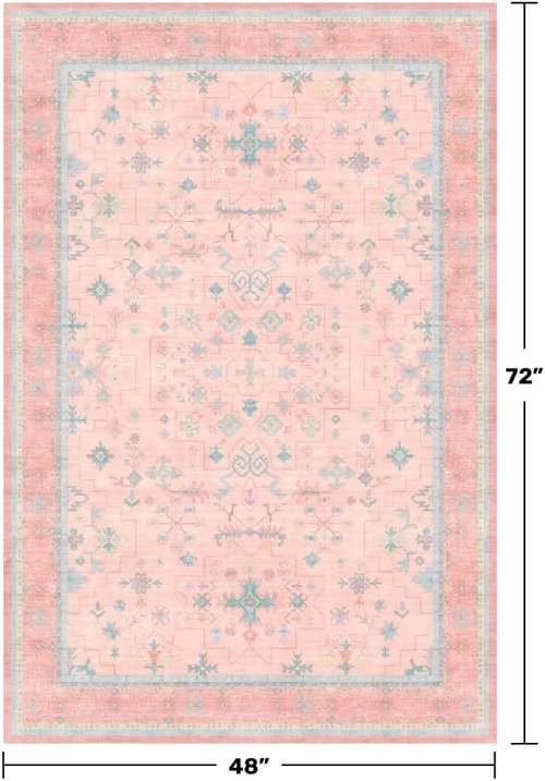 Hazo Haus Nursery Area Rug - Charming Pink Boho Vintage Design | Washable 4x6 Non-Slip Rug for Kids Rooms
