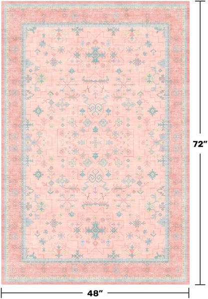 Hazo Haus Nursery Area Rug - Charming Pink Boho Vintage Design | Washable 4x6 Non-Slip Rug for Kids Rooms