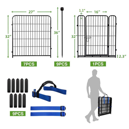 ADAVIN 32 in(H) Garden Fence with Low Threshold Gate, 8 Panels Total 17.7 Ft(L) Tall Garden Fencing for Raised Beds, Outdoor or Indoor Dog Playpen, Black Iron Metal Heavy Duty Dog Fencing