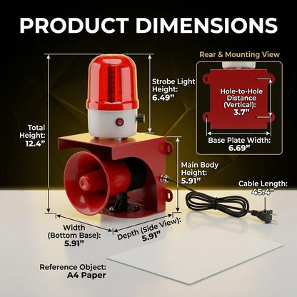 BOVZOR Industrial Siren Alarm Strobe Light Compatible with Factory and Gantry Crane Systems, AC 110V 120dB Loud Industrial Siren with Red Strobe Warning Light, IP55 Weather-Resistant Emergency Beacon