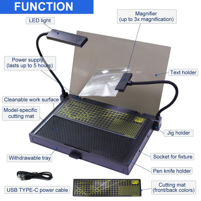 Portable Workbench for Gundam Model Making, Model Kit Tool for Gundam Building, with LED Light and Magnifying Glass Suitable for High-Precision Work,KJ019