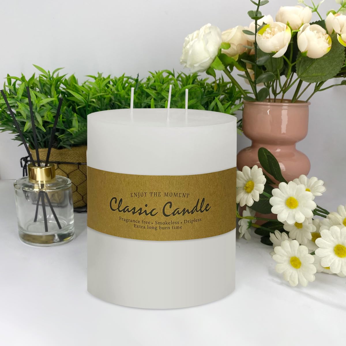 3 Wick White Extra Large Pillar Candle, 6" x 6", Unscented, Dripless, Smokeless, and Clean-Burning. Approx. 120 Hours of Burn Time. Perfect for Weddings, Dinners, Christmas and Home Decor