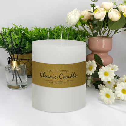 3 Wick White Extra Large Pillar Candle, 6" x 6", Unscented, Dripless, Smokeless, and Clean-Burning. Approx. 120 Hours of Burn Time. Perfect for Weddings, Dinners, Christmas and Home Decor