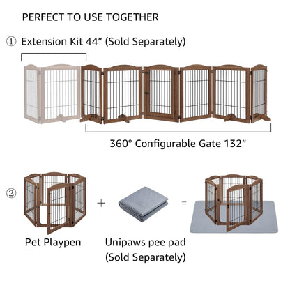 unipaws Pet Playpen with Wood and Wire, 6 Panels Extra Wide Freestanding Walk Through Dog Gate with 4 Support Feet, Foldable Stairs Barrier Pet Exercise Pen for Dogs Cats