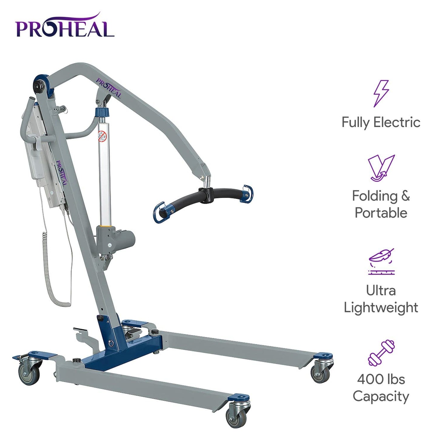 ProHeal Portable Patient Lift - Compact Folding Full Body Patient Transfer Lifter for Home Use and Facilities - Low Bed and Chair Lifting, 400 Pound Weight Capacity, 2 Point Spreader Bar