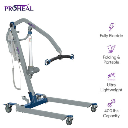 ProHeal Portable Patient Lift - Compact Folding Full Body Patient Transfer Lifter for Home Use and Facilities - Low Bed and Chair Lifting, 400 Pound Weight Capacity, 2 Point Spreader Bar